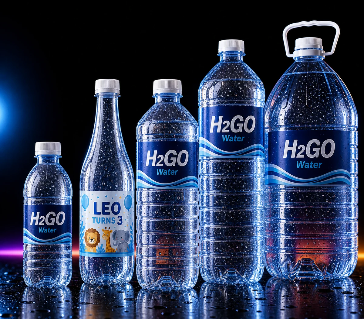 Purified water bottles with custom printed labels