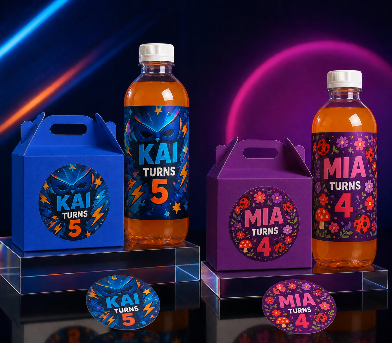 Personalised birthday party boxes, drinks and stickers