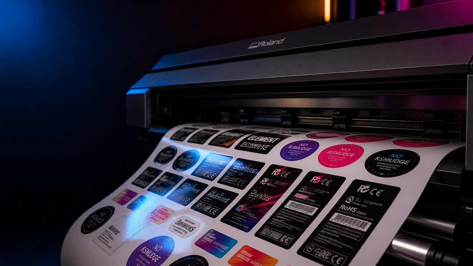 Roland vinyl printer producing custom labels at No Smudge Namibia
