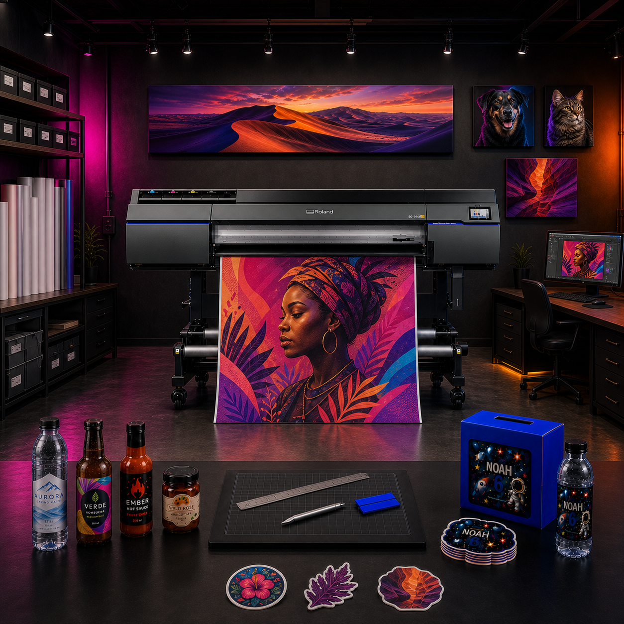 No Smudge printing studio with a Roland printer, canvas artwork and custom branded products