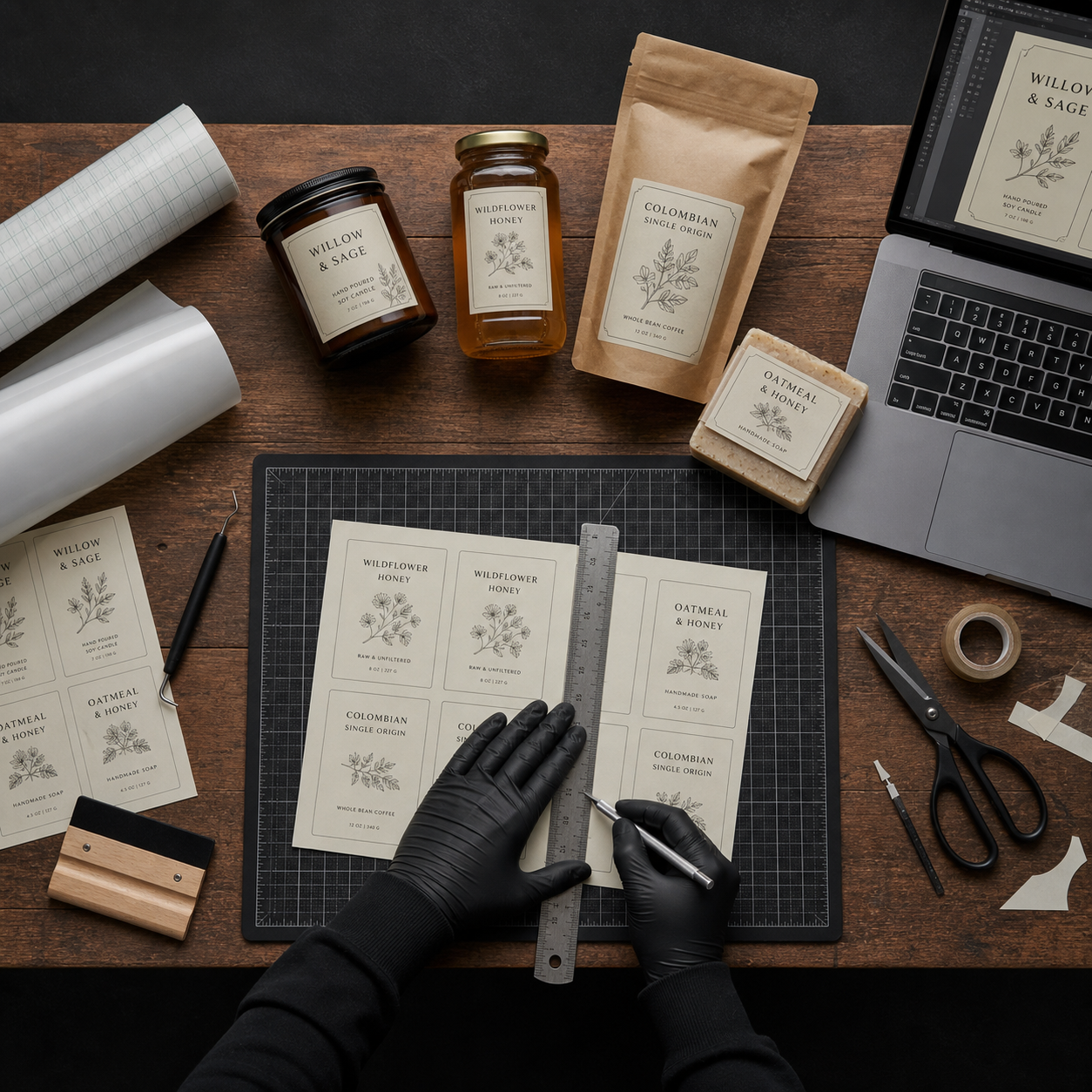 Vinyl label cutting and artisan product packaging on a wooden table